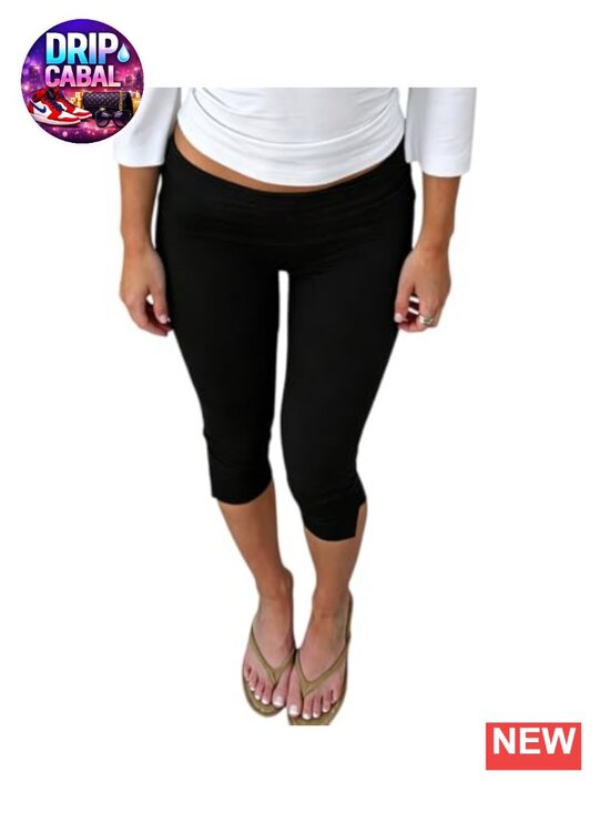 Pants - Women Low Rise Capris Leggings Fold Over Fitted Capri Cropped Pants Side Split